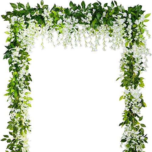 Wisteria Garland 5pcs Artificial Flowers Garland Wisteria Vine Artificial Hanging Flowers Plants Greenery Fake Leaf Garland for Wedding Kitchen Home Party Decor(Milk White)