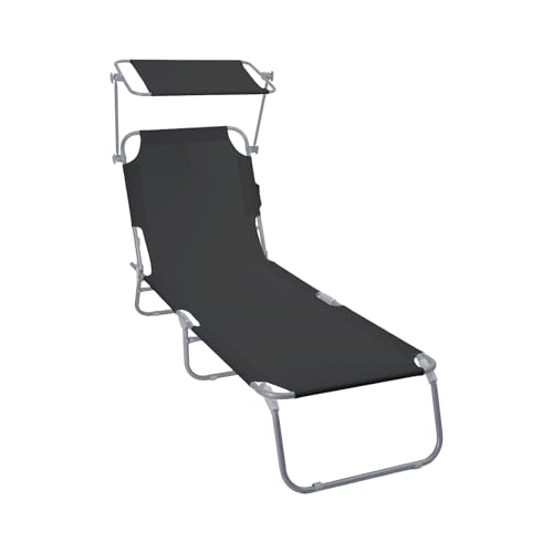 VOUNOT® Folding Sun Lounger with Adjustable Backrest & Sunshade, 4-Position Reclining Sun Bed, Portable Outdoor Garden Chair, Max Load 120kg, Black
