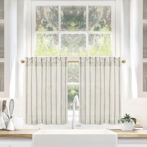DriftAway Kitchen Tier Curtains - Striped Linen Short Pinstripe Cafe Curtains 36 Inch Length for Living Room Bathroom Chris Farmhouse Rustic Rod Pocket 2 Panels Loden Green