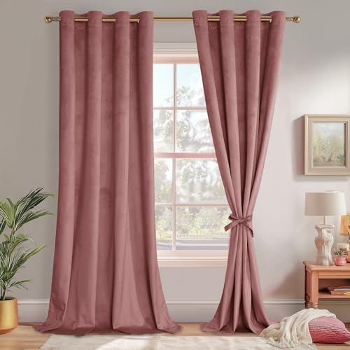 JIUZHEN Wild Rose Velvet Curtains 84 inches Long - Thermal Insualted Room Darkening Grommet Super Soft Velvet Textured Drapes for Living Room/Bedroom/Party, 52W x 84L, Set of 2 Panels