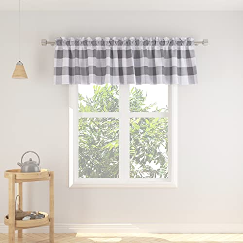 Natus Weaver Valance Curtains 14 Inches Long - Buffalo Plaid Gingham Check Panel for Living Room, Bedroom, Farmhouse Windows - Grey & White