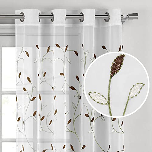 "Creative Home Ideas Wavy Leaves Embroidered Sheer Curtains - Measuring 54"" X 96"" - Includes 1 Leaf Curtain Panel - Window Drapes with Metal Grommets - (Sheer Vine White Curtain with Sage Leaves)"