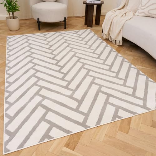 THE RUGS Living Room Rug, Loft Collection – Modern Textured 14mm Soft Pile Area Carpet, Non-Shedding & Easy Care [ Chevron Grey, 240x340 cm]