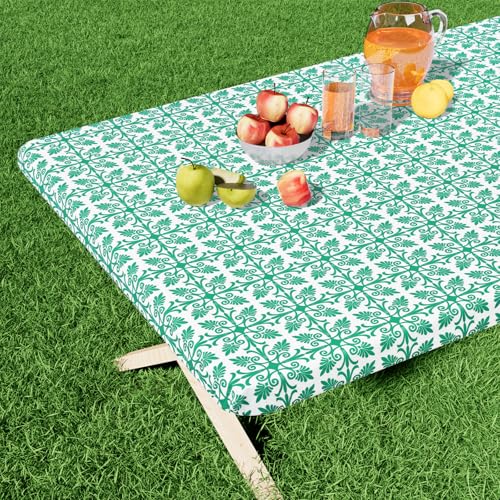 "misaya Rectangle Vinyl Table Cloth, Elastic Fitted Flannel Backed Tablecloth, 100% Waterproof Plastic Table Cover Fits 6 Foot Folding Tables for Picnic, Camping, Outdoor (Green, 30"" x 72"")"