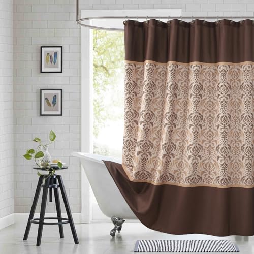 "BESTRIPES 90 Inch Fabric Shower Curtain, Extra Long Brown Damask Shower Curtains for Bathroom, 72"" W x 90"" H"