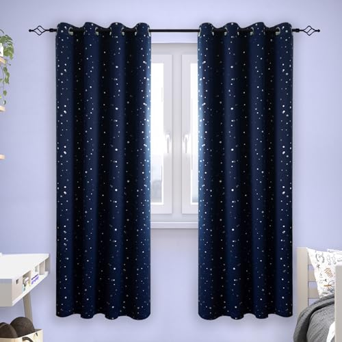 BGment Kids Blackout Curtains for Bedroom - Grommet Thermal Insulated Silver Star Print Room Darkening Curtains for Kids Room, Set of 2 Panels, 55 x 69 Inch, Navy Blue
