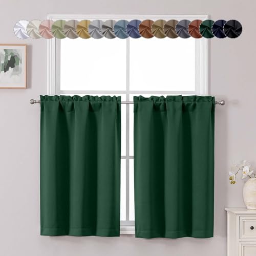 "Chyhomenyc Ever Green Short Blackout Curtains 36 Inch Length, Small Kitchen Curtain Tier Rod Pocket Half Window Curtains for Bathroom Basement Cabinet Camper RV Bunk, 2 PCS, Each 30"" Wx36 L"