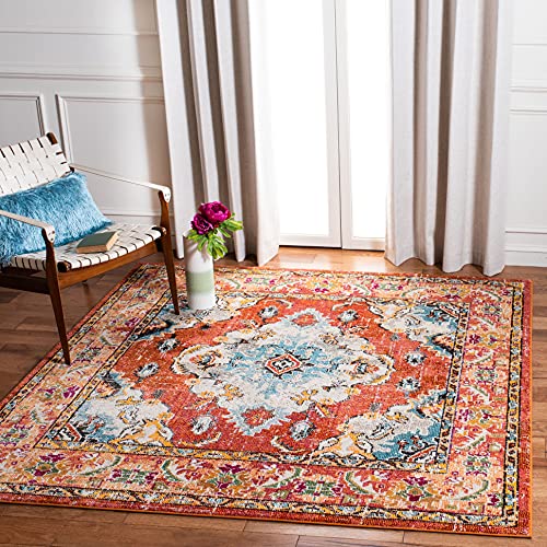 Safavieh Boho Rug for Living Room, Dining Room, Bedroom - Monaco Collection, Short Pile, in Orange and Light Blue, 152 x 152 cm
