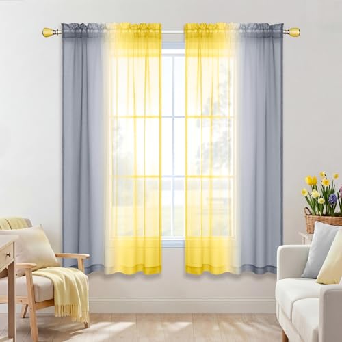 KOUFALL Yellow Sheer Curtains 63 Inch Length for Bedroom 2 Panel Sets Rod Pocket Ombre Sunflower Themed Yellow and Gray Curtains for Girls Room Dining Area 50x63 Inches Long Bright Yellow and Grey