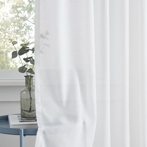 "Central Park Pinch Pleated Voile Sheer Curtain Panels Linen Textured Window Drape Farmhouse Rustic Treatment Sets for Living Room Bedroom, 60""x72""x2, White"