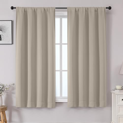 OWENIE Sally Stone Blackout Curtains for Bedroom 63 Inch Length 2 Panels Set, Solid Thermal Insulated Energy Saving Rod Pocket Window Treatment Curtains Blackout Drapes, W40 x L63 Inch, Stone