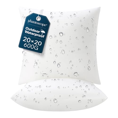 Phantoscope Outdoor Waterproof Pillow Inserts, Premium Water Resistant Patio Cushion, Square Form Throw Pillow for Outdoor, Couch, Chair 20 X 20 Inches(Pack of 2)