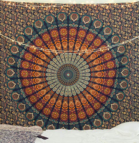 Popular Handicrafts Hippie Mandala Bohemian Psychedelic Intricate Floral Design Indian Magical Thinking Tapestry 84X90 Inches,(215X230Cms) Neavy Blue