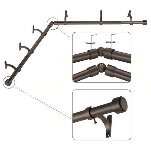 Mayrhyme Dark Bronze Corner Window Curtain Rods with Aluminum End Cap Finials and Brackets,1 Inch Diameter Bay Window Curtain Rods,2 Sided 36-72 Inch Adjustable Drapery Rod