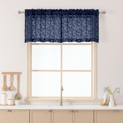 "Chyhomenyc Navy Blue Sheer Valances for Windows 18 Inch Length 2 Pcs, Light Filtering Leaf Textured Cafe Short Kitchen Curtains, Top Small Curtain for Living Room Bedroom Basement, 42"" W x 18"" L"