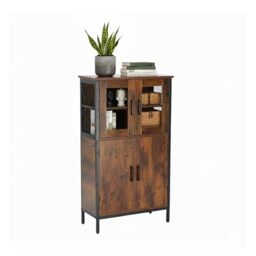 Relaxdays Industrial Kitchen Cupboard, Tall Unit with Glass Doors HWD 108x60x30 cm, Slim Display Unit, Wood Look, Brown