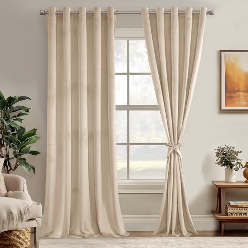 JIUZHEN Beige Velvet Curtains 84 inches for Living Room - Thermal Insualted Room Darkening Grommet Thick Velvet Window Drapes for Bedroom/Dining Room, Set of 2 with Tiebacks, 60W x 84L