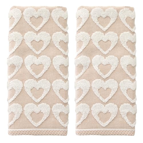 SKL Home Valentine's Day Hearts Jacquard 100% Cotton Reversible 2pc Hand Towel Set, Decorative for Bath/Kitchen/Bar & Gift, Tan