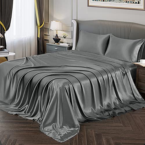 Vonty Satin Sheet Set - King Size, Silky Soft Satin - Grey Sheet Set, 1 Deep Pocket Fitted + 1 Flat + 2 Pillowcases