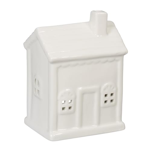 Relaxdays Tea Light House Ceramic, Light through Windows, for One Candle, HWD: 12.5 x 9 x 7 cm, Cute Table Decor, White
