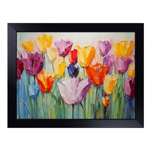 Lap Tray with Bean Bag Cushion, Tulip Flower Palette Knife - Handmade in the UK, Raised Wooden Edge, Padded Cushion, Heat-Resistant Wipe-Clean Surface, for Meals, Laptops and Crafts