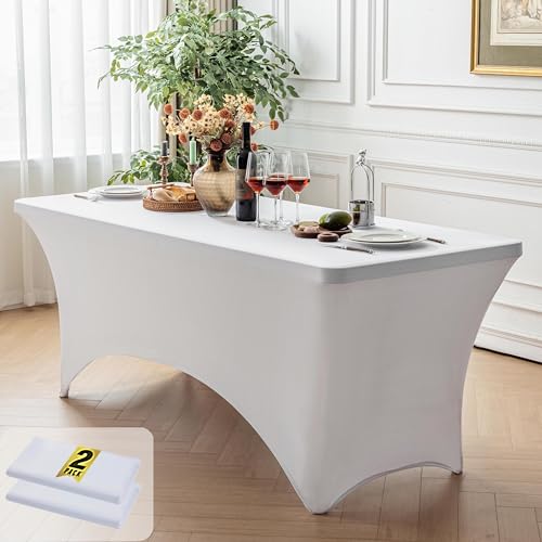 FOLINS&HOME 2 Pack White 6ft Fitted Rectangle Tablecloth with Elastic, Water Resistant Washable Spandex Table Cover for 6 Foot Tables, Stretch Table Cloth for Weddingss, Banquetss, Parties (2 Pcs)