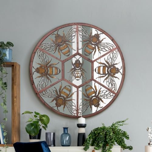 "The Kirkby - Rustic Metal Round Bumble Bee Decorative Wall Mirror 32"" X 32"" (80CM X 80CM)"