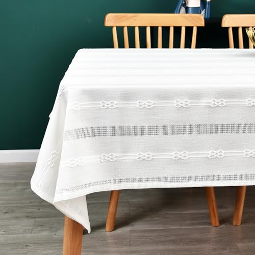 Yofori Heavy Duty Cotton Linen Table Cloth for Rectangle Table White Rectangular Farmhouse Vintage Tablecloth Washable Rustic Table Cover (White, Rectangle, 52''x 86'', 6-8 Seats)