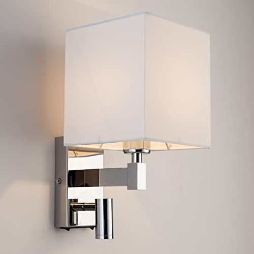 HARPER LIVING 1xE27/ES Wall Light with Adjustable LED Reading Light, Bedsides Sconce Lamp USB & USB-C Charging Ports and 2 On/Off Switches, Polished Chrome Finish, White Fabric Shade (Square Shade)