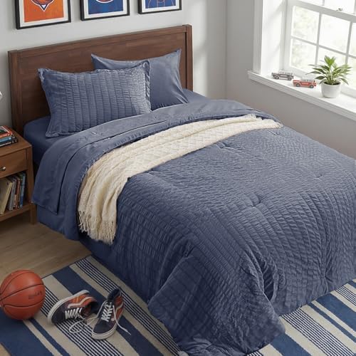 Twin Comforter Set 5 Piece,Greyish Blue Bed in a Bag Twin Size Bedding Sets - Zzlpp Seersucker OEKO-TEX Certified Down Alternative Comforter with Breathable sheets&pillowcases,Lightweight,All Season
