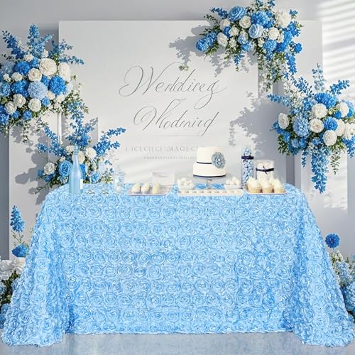 90x156 Inch Light Blue Tablecloth 3D Floral Rosette Satin Table Cloth - Boho Wedding Engagement Party Bridal Baby Shower Home Table Decorations