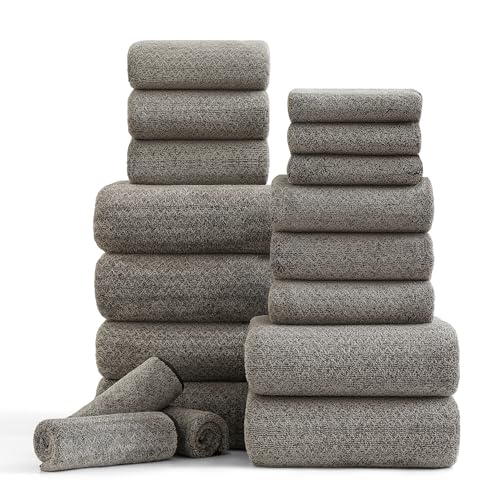 Ycosy 18 Piece Bath Towels Set,100% Microfiber Family Bathroom Towel with Hanging Loops-6 Bath Towels,6 Hand Towels,6 Washcloths,Quick Dry Highly Absorbent Shower Towel for Bathroom,Hotel,Spa-Brown
