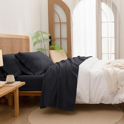 BESTOUCH Twin Washed Cotton Linen Feel Sheet Set 3pc Deep Black - 3 Piece Sheets, Deep Pockets with All???Around Elastic, Linen-Like Texture, Extra Soft & Breathable, No???Iron