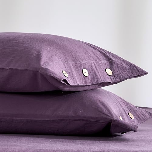 JELLYMONI 100% Washed Cotton Pillowcases, King, Button Closure - OEKO-TEX Certified, Pre-Shrunk, Natural Wrinkles, Linen-Look Texture for Wide Beds, Set of 2, 20 x 36 in