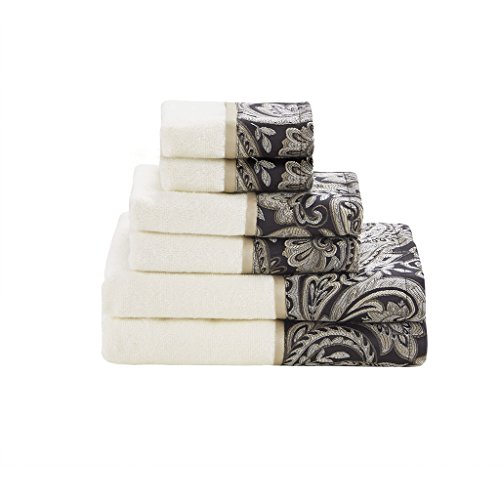 Madison Park Aubrey 100% Cotton Luxurious Bath Towel Set Highly Absorbent, Quick Dry, Jacquard Paisley Design, Hotel & Spa Quality for Bathroom Decor, Multi-Sizes, Black 6 Piece