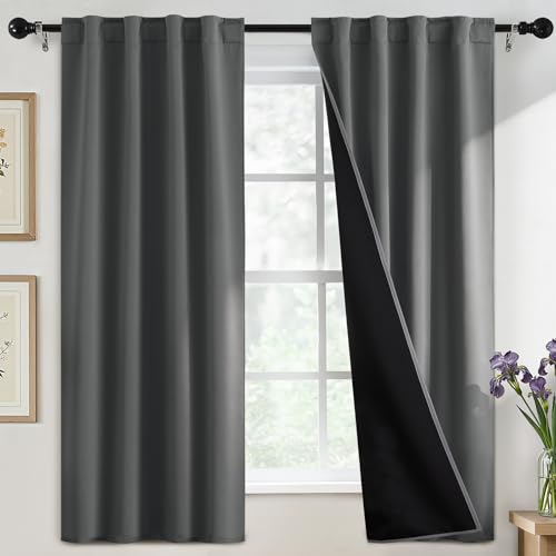 SimpleHome 100% Blackout 63 Inch Grey Curtains for Living Room - Curtains for Bedroom,Rod Pocket and Back Tab Window Drapes,Room Darkening Curtains with Black Back,40 x 63 Inch,2 Panels