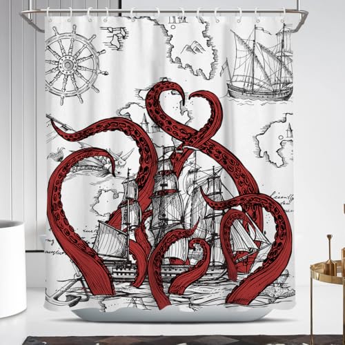 Coxila Octopus Shower Curtain Red Vintage Funny Nautical Coastal Ocean Sea Beach Retro Gothic Goth Cool Kraken Mens Anime World Map Pirate Horror Bathroom 60 x 72 Inch Polyester Fabric 12 Pack Hooks