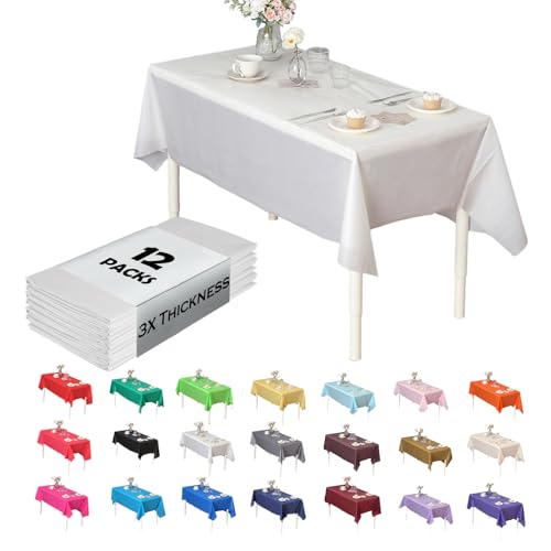Evershine (Rectangle 140cm X 270cm, White) - (12-pack) Heavy Duty Plastic Table Covers Tablecloth (Reusable) (Rectangle 140cm X 270cm, White)