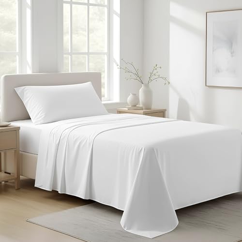 "Ashton Sheets 100% Organic Cotton Sheets Twin Size - 3 PC Organic Cotton Twin Size Percale Weave Sheet Set, Soft, Cooling, Crisp & Breathable, 16"" Deep Pocket Hotel Quality Bedding Set - White"