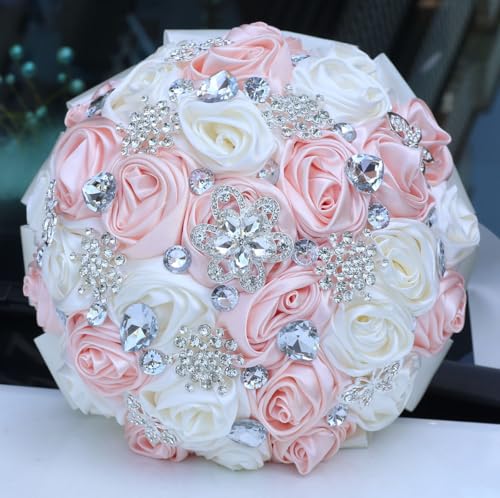 "Mhojpik Bridal Wedding Bouquet Round Bling Brooch Bouquet Throw Toss Artificial Rose Flower Bunch for Bride Bridesmaid Wedding Quinceanera (Light Salmon Pink & Ivory, 7.5"")"