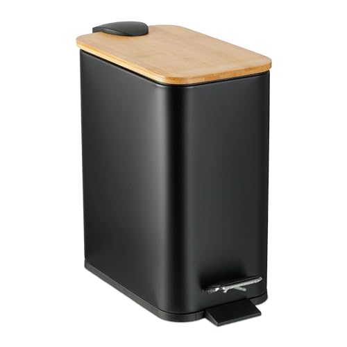Relaxdays Step Pedal Bin, 5 Litre Capacity, Removable Inside, Square, Bathroom Cosmetic Waste, Metal, Bamboo Lid, Black