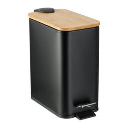 Relaxdays Step Pedal Bin, 5 Litre Capacity, Removable Inside, Square, Bathroom Cosmetic Waste, Metal, Bamboo Lid, Black