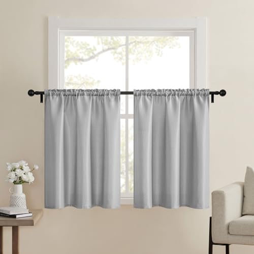 "Home Queen Water Repellent Waffle Bathroom Window Curtains, 36W x 36L Inch - 2"" Rod Pocket, Short for Small Kitchen Window, Light Filtering,2 Panels,Grey"