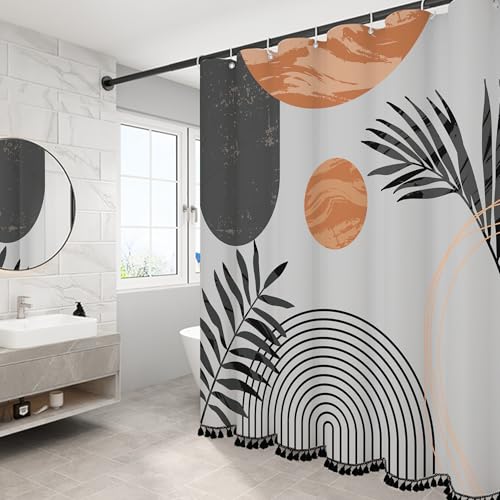 "GiuMsi Boho Mid Century Leaf Shower Curtain Set,Arch Sun Design,Minimalistic Leaves Pattern,Waterproof and Luxurious Fabric-12 Hooks(Grey-72"" x 78"")"