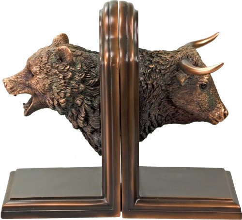 "Desktopstatue Bronze Plated Resin Sculptures Bear & Bull Head Bookends 9"" w X 8"" h NEW"
