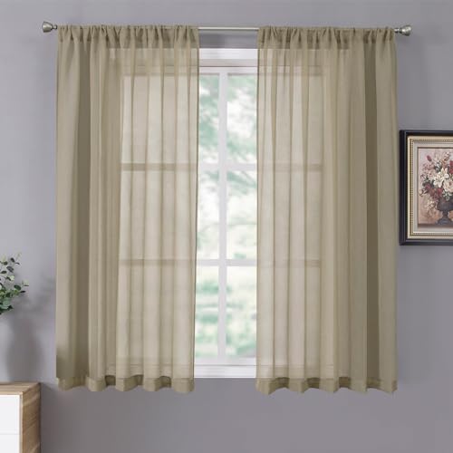 Tollpiz Short Sheer Curtains Linen Textured Living Room Curtain Sheers Light Filtering Rod Pocket Voile Curtains for Bedroom, 42 x 45 inches Long, Taos Taupe, Set of 2 Panels