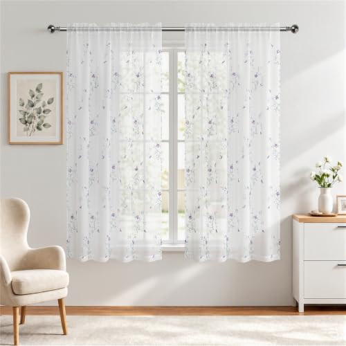 Taisier Home Floral White Sheer Curtains Flower Print Vine Embroidery Bedroom Curtain Rod Pocket Voile Curtains for Living Room, 52 x 84 inches Long, Set of 2 Panels,Purple Buds with Green Branch