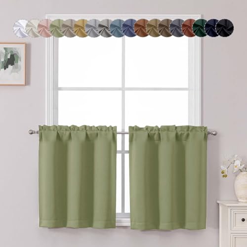 "Chyhomenyc Sage Green Short Blackout Curtains 24 Inch Length, Small Kitchen Curtain Tier Rod Pocket Half Window Curtains for Bathroom Basement Cabinet Camper RV Bunk, 2 PCS, Each 30"" Wx24 L"