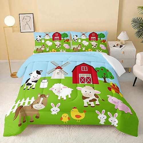 QOOMO Farm Animal Comforter,Kawaii Animals Comforter Set for Kids Teens Girls Boys,3Pcs Bedding Set Printed Comforter with 2 Pillowcases,Down Alternative,Soft and Lightweight???Twin Size