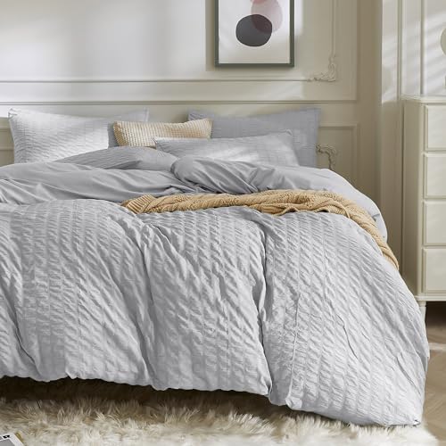 JELLYMONI Light Grey Seersucker Duvet Cover Set King Size - Soft Breathable, Cotton-Like Feel, Crinkled Texture, Oeko-Tex Certified, 8 Corner Ties & Hidden Zipper